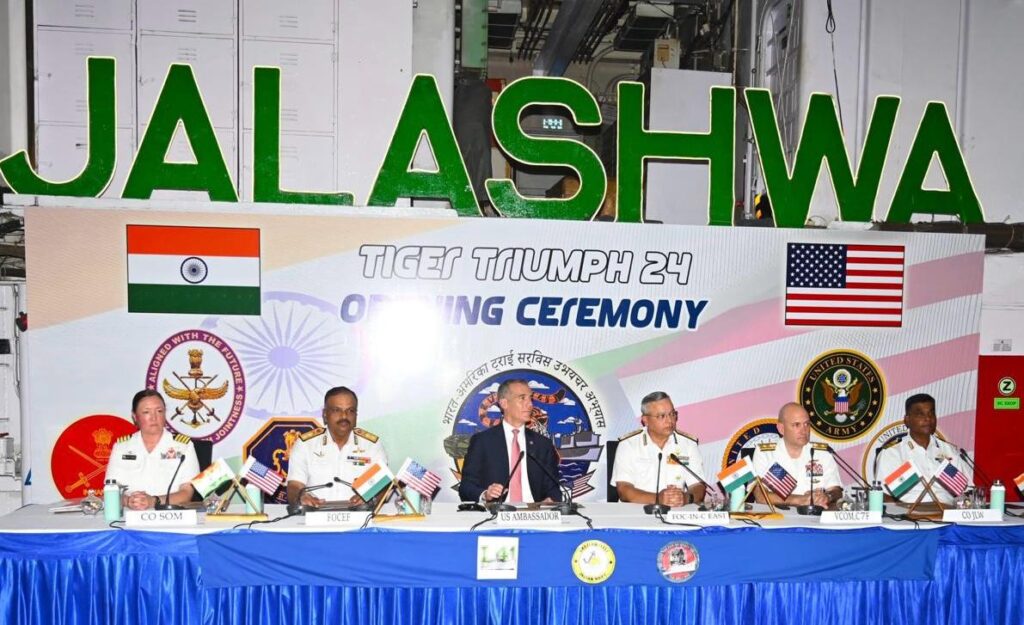 The Opening Ceremony of the Bilateral Tri-Service Humanitarian Assistance and Disaster Relief (HADR) Amphibious Exercise between India and US, Tiger Triumph, was held onboard INS Jalashwa